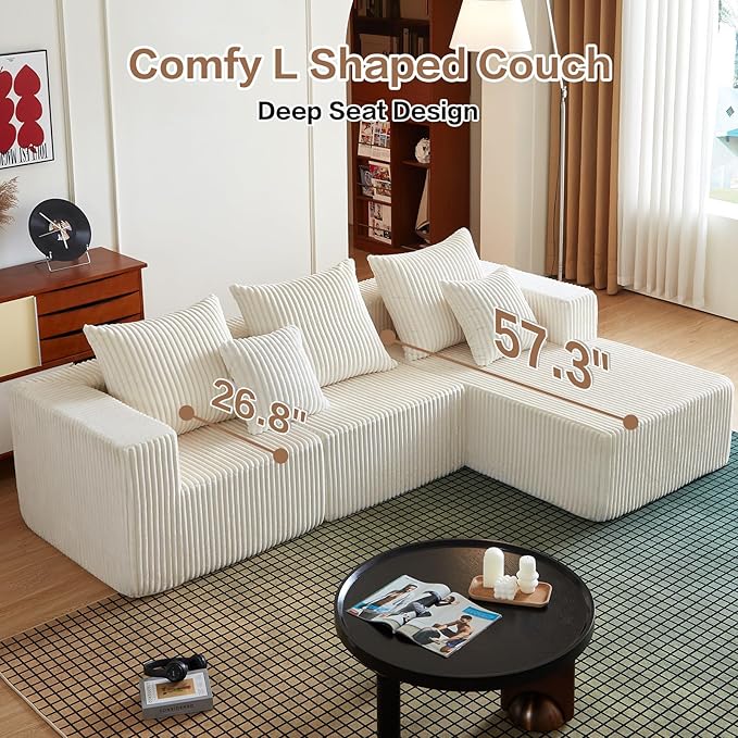 Cloud Couch Sectional, 101 Inch Modular Sectional Sofa with Deep Seat, Compressed Memory Foam Sofa in a Box, Beige Corduroy Boneless Couches for Living Room, No Assembly Required