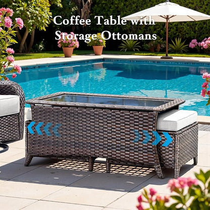 Belord Luxury 6" Thick Cushioned 7 Pieces Patio Furniture Set with Fire Pit Table, Wicker Outdoor Conversation Set with High Back Swivel Rocker Chairs for Deck Porch Yard and Poolside - Brown+Beige