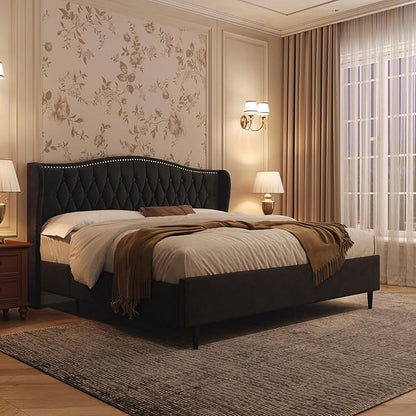 Belffin King Bed Frame and Headboard, Luxury Upholstered Velvet Platform Bed with Wingback, Button Tufted & Nailhead Trim, Anti-Slide Tall Footboard, No Box Spring Needed, Noise-Free, Black