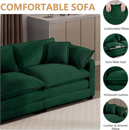 mikibama Luxury 2 Piece Sofa Set, 3-Seater & Loveseat Couch Set, Modern Corduroy Comfy Cloud Couches Set for Living Room Office with 4 Armrest Pillows and 5 Toss Pillows, Green
