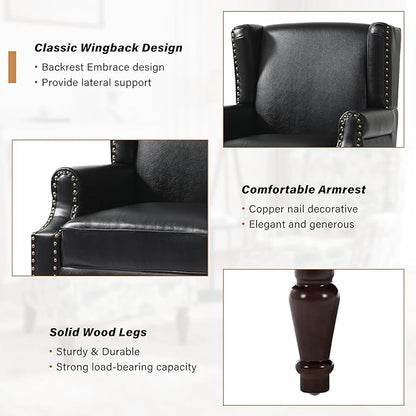 Faux Leather Wingback Accent Chairs Set of 2, High Back Upholstered Armchair, Comfy Fabric Wingback Arms Chairs with Solid Wood Legs, Single Sofa Reading Chair for Bedroom Living Room, Black