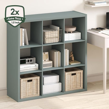 Furinno Cubicle Book Shelf, 9-Cube Thick Frame Bookshelf, Reversible Bookcase with Open Back, 14.6" x 43.8" x 43.8", for Living Room, Bedroom, Home Office, Sage Green