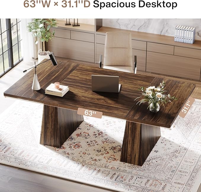 Tribesigns 63-Inch Executive Desk, Large Office Computer Desk with Double Pedestal, Modern Simple Workstations Writing Table Conference Table Business Furniture for Home Office, Rustic Brown