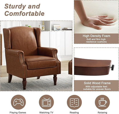 Pia Ricco High Back Floral Accent Chair - Retro Wingback Upholstered Armchair in Faux Leather, Nailhead Trim & Solid Wood Legs for Living Room Bedroom Reading Chair（Brown