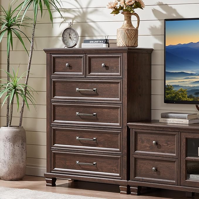 Farmhouse Bedroom Dresser and Nightstand Set of 4, 6 Drawer Tall & Low Dresser & 2 Drawer Nightstand Set, Rustic Wood Bedroom Furniture Set for Livingroom, Hallway, Walnut