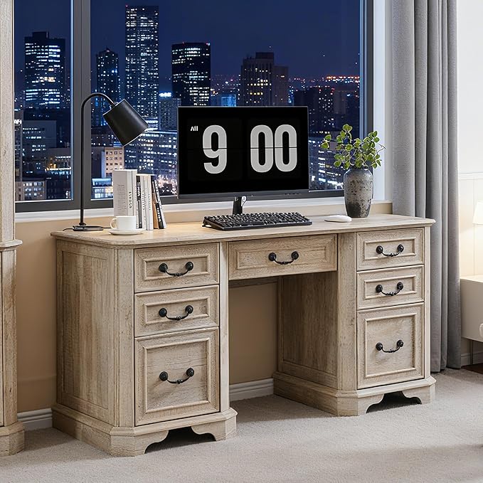 RedLemon 60" Executive Desk with Drawers,Wood Home Office Desk, Featuring Keyboard Tray,Charging Station,File Drawer, Storage Cabinet,for Work and Study (Light Rustic Oak)
