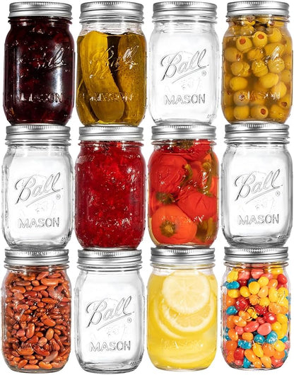 Ball Regular Mouth Mason Jars 32 oz. (12 Pack) - Quart Size Jars with Airtight Lids and Bands for Canning, Fermenting, Pickling, Meal Prep or DIY Decors and Projects Bundled with Peaknip Jar Opener