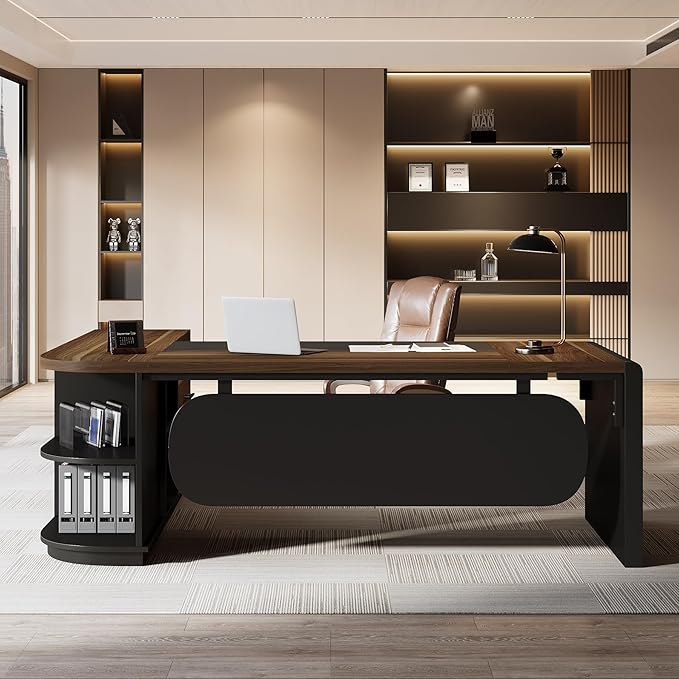Tribesigns 81-Inch L-Shaped Office Desk, Large Commercial Office Desk with Drawers and File Cabinet, Modern Professional Business Furniture Workstations with Storage Shelves, Brown & Black