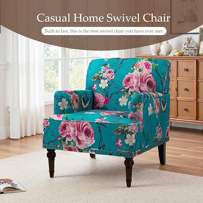 Pia Ricco Floral Accent Chairs 2 Pack - Modern Nailhead Trim Armchairs with Wood Legs, Upholstered Reading Chairs for Living Room Bedroom