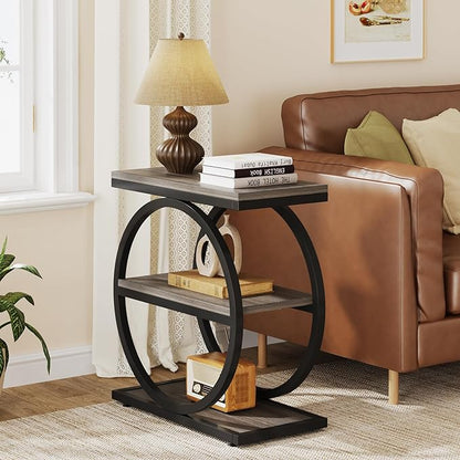 LITTLE TREE 3-Tier End Table Set 2, Grey Side End Table with Storage Shelves, Small Sofa Side Table for Living Room, Slim Nightstand and Bedside Table with Black Double Round Metal Legs