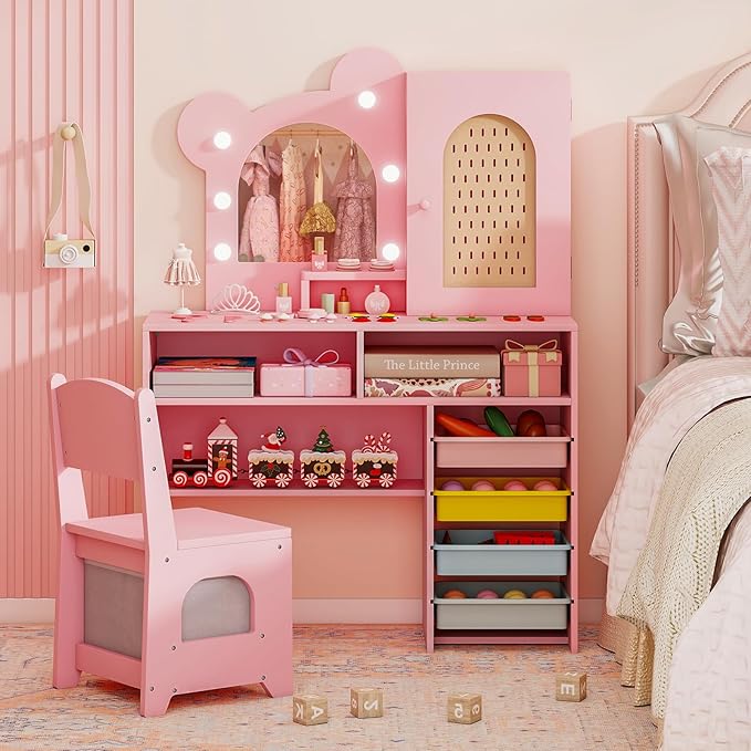 Costzon Kids Vanity with Lights, Girls Vanity Set with Mirror, Storage Drawers, Cabinet & Shelves, Toddler Makeup Vanity Desk Dressing Table, Wooden Kids Vanity Table and Chair Set (Pink)