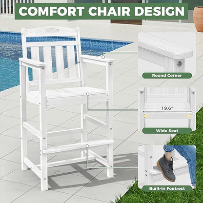 HDPE Outdoor Patio Bar Set with High Top Table and 2 Adirondack Chairs, All-Weather Bar Height Outside Rectangular Pub Furniture for Bistro, Garden, Backyard, Deck | 3-Pieces, White