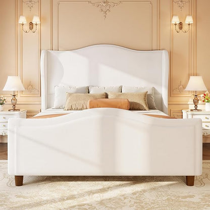 koorlian King Size Bed Frame Chenille Upholstered Platform Bed with 51" Tall Headboard and High Deep Tufted Footboard, Modern Retro Minimalist Style Wingback Sleigh Bed, Easy Assembly, Cream