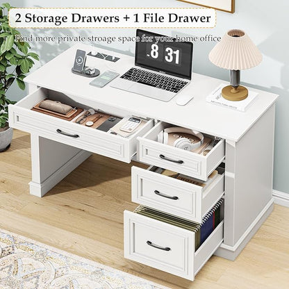 Farmhouse 47" Executive Desk, Computer Desk with Drawers and File Drawer, Workstation Computer Desk with Charging Station for Home Office,Study,（Cream White）