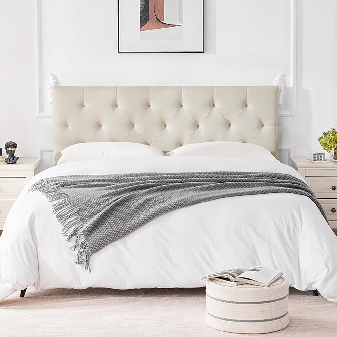Linen Upholstered Headboard King Size, Modern Diamond Tufting Solid Wood California King Headboard Only, Adjustable Height from 37” to 51” Head Board, Bed Frame or Wall Mount Headboards, Beige