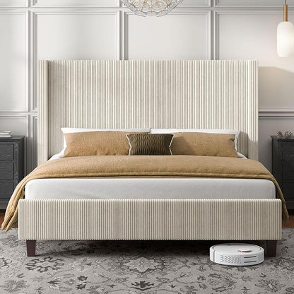 HOWE California King Size Upholstered Platform Bed Frame, Wingback Bed with 50.8" Headboard, Corduroy/Solid Wood Leg/No Box Spring Needed/Noise Free Sturdy Structure/Cream