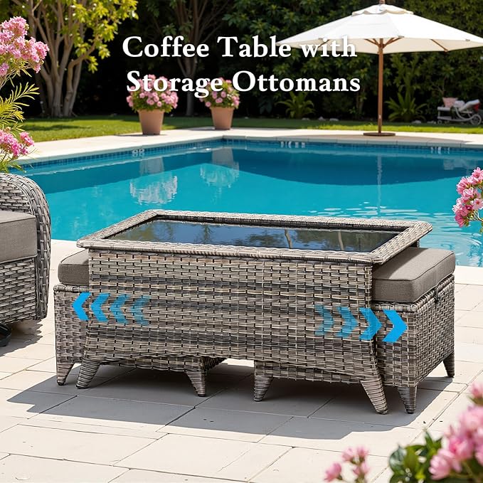 Belord Luxury 6" Thick Cushioned 8 Pieces Patio Furniture Set with Outdoor Couch, Wicker Outdoor Conversation Set with High Back Swivel Rocker Chairs for Deck Porch Yard and Poolside - Grey+Grey