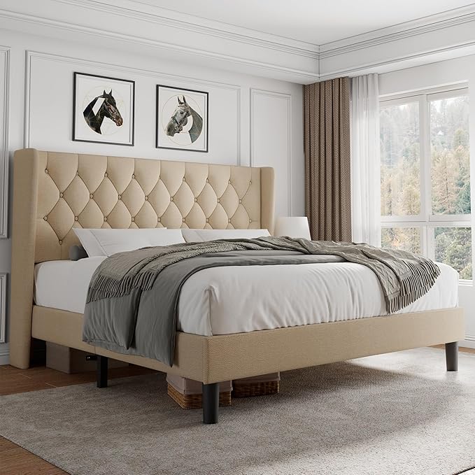 iPormis King Size Platform Bed Frame with Button Tufted Headboard, Upholstered Bed Frame with Solid Wooden Slats, 8" Underbed Space, No Box Spring Needed, Noise Free, Easy Assembly, Beige