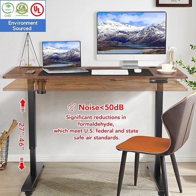 Electric Adjustable Standing Desk with Wheels, 63'' x 24''Sit Stand Desk with Dual Crossbeam and Mouse Pad, 27''-46'' Lifting Range Stand up Table with Ergonomic Arc Desktop (Brown)