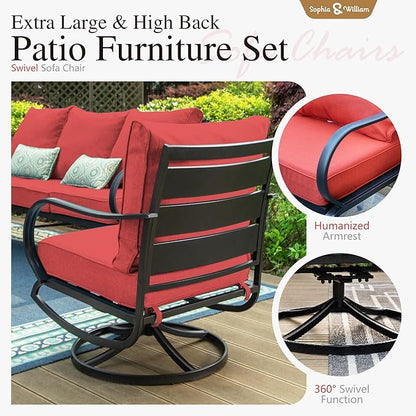 Sophia & William Patio Furniture Sets 5 Seats Outdoor Metal Conversation Sets 4 Pcs with 2 x Cushioned Swivel Sofa Chairs,1 x 3-Seat Sofa, 1x Marbling Metal Coffee Table Lawn Backyard Poolside Red