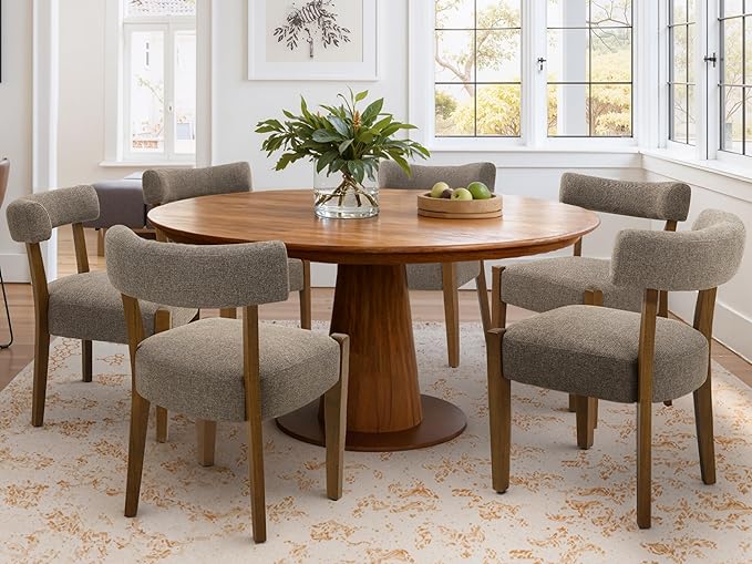 Modern Dining Chairs Set of 2, Walnut Upholstered Kitchen & Dining Room Chairs, Mid Century Wooden Dining Chairs Oversized Sturdy Fabric Rounded Chairs Curved Back, Tan Brown