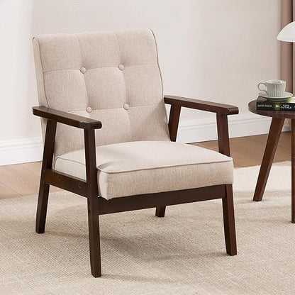ANJ Mid Century Modern Accent Chairs Set of 2, Tufted Fabric Armchair with Solid Wood Frame, Comfy Retro Side Chair Reading Chair for Living Room, Bedroom，Beige