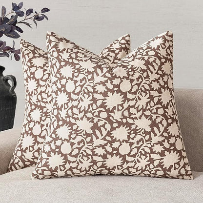 Foindtower Set of 2 Decorative Neutral Floral Throw Pillow Covers Accent Farmhouse Cushion Covers Boho Vintage Pillowcase for Couch Sofa Bedroom Living Room Home Decor,20×20 Inch,Brown