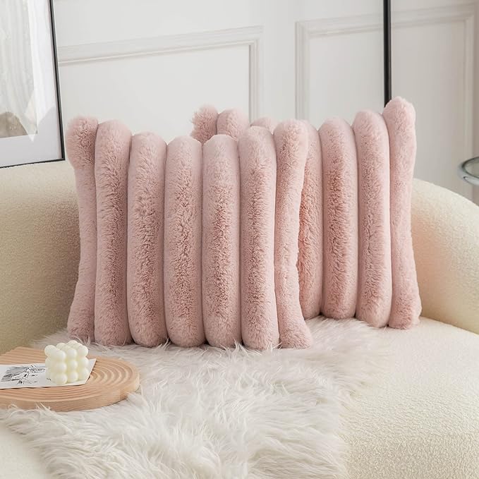 Neelvin Pink Faux Fur Cozy Soft Striped Decorative Throw Pillow Covers 24x24 inch Set of 2,Velvet Pillowcase Cushion Case for Sofa Couch