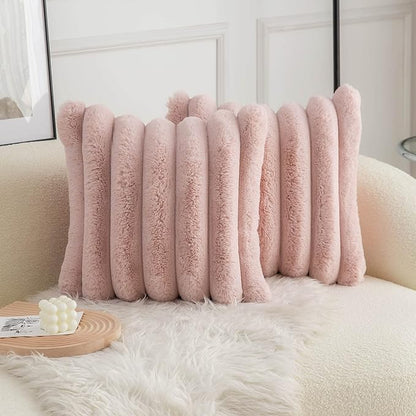 Neelvin Pink Faux Fur Cozy Soft Striped Decorative Throw Pillow Covers 24x24 inch Set of 2,Velvet Pillowcase Cushion Case for Sofa Couch