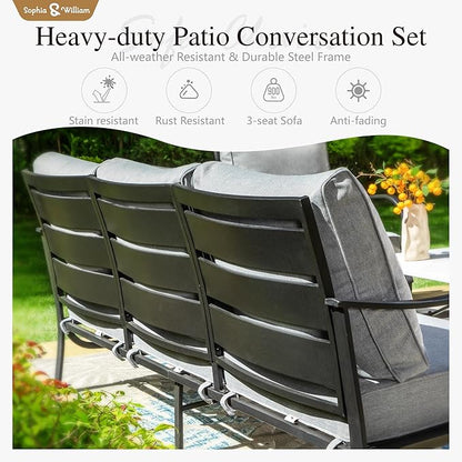 Sophia & William Patio Furniture Sets 5 Seats Outdoor Metal Conversation Sets 5 Pcs with 2 x Cushioned Swivel Sofa Chairs,1 x 3-Seat Sofa,2 x Ottomans for Coffee Lawn Backyard Poolside Grey