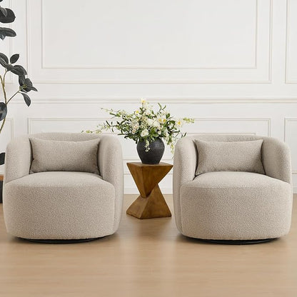 KINWELL 34" Wide Sherpa Swivel Barrel Chairs Set of 2, No Assembly Round Boucle Upholstered Accent Chairs Armchairs Single Sofa Chair with Toss Pillow for Living Room and Bedroom, Taupe