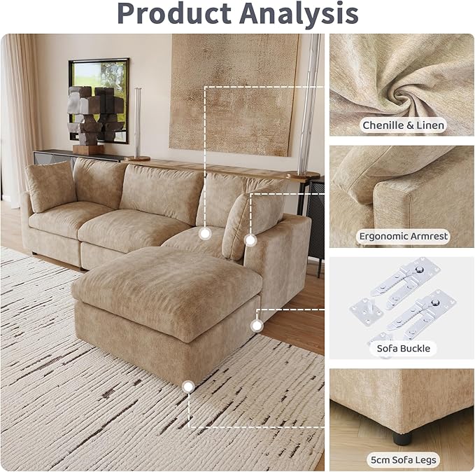 WJShome Cloud Couch Modular Sectional Sofa, 134" U Shaped Couch for Livingroom, Oversized Convertible Wide Seater with 2 Ottomans Living Room Set, Covers Washable&Replaceable,Khkai