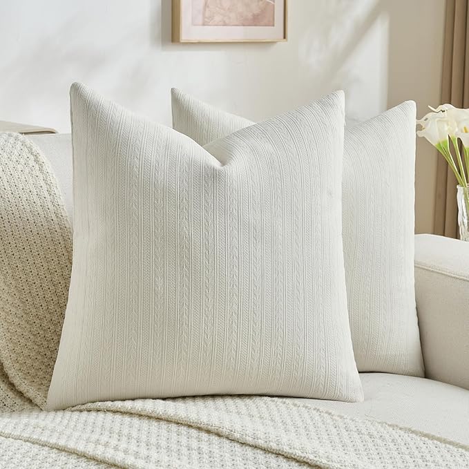 FUTEI Cream Decorative Throw Pillow Covers 18x18 Inch Set of 2,Soft Cozy Wheat Ear Striped Patterns Cushion Cases,Modern Home Decor for Couch Bed Living Room