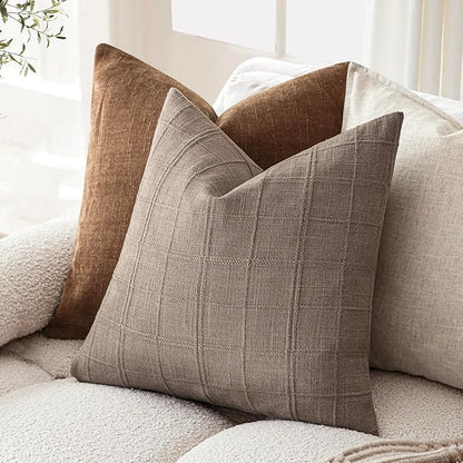 Foindtower Set of 2 Decorative Linen Check Throw Pillow Covers Neutral Farmhouse Vintage Cushion Covers Modern Boho Home Decor for Sofa Chair Couch Bedroom Living Room,16×16 Inch,Tan Taupe