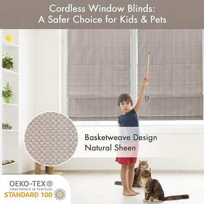 Madison Park Galen Cordless Roman Shade, 27"W x 64"H, Sheen Taupe – Room Darkening, Thermal Insulated, Energy Efficient Window Blind with Subtle Sheen Basketweave Fabric for Privacy