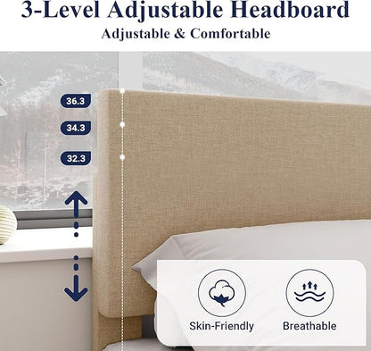 Allewie King Size Bed Frame with Adjustable Headboard, Upholstered Platform Bed with Wood Slats, Heavy Duty Mattress Foundation, No Box Spring Needed, Noise-Free, Easy Assembly, Beige