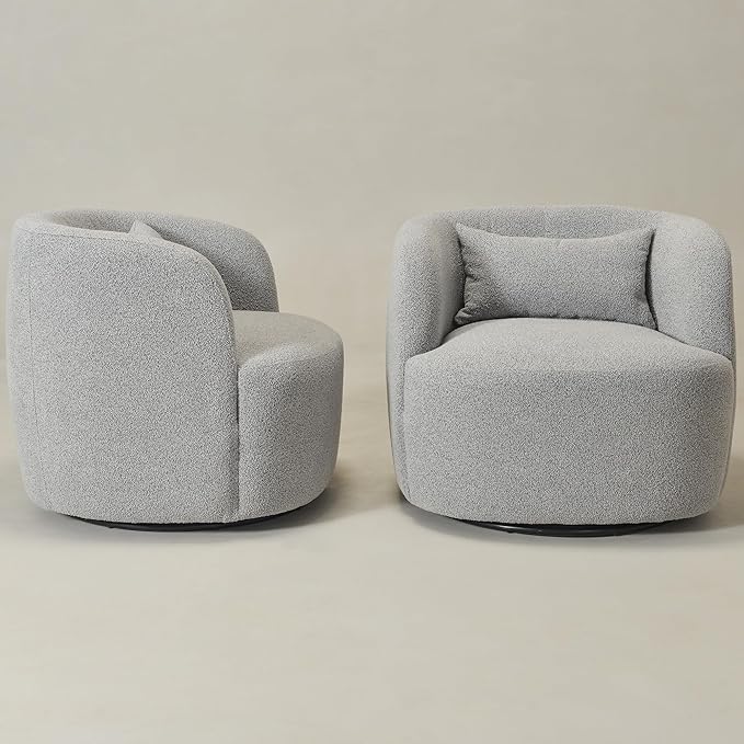 KINWELL 34" Wide Sherpa Swivel Barrel Chairs Set of 2, No Assembly Round Boucle Upholstered Accent Chairs Armchairs Single Sofa Chair with Toss Pillow for Living Room and Bedroom, Gray