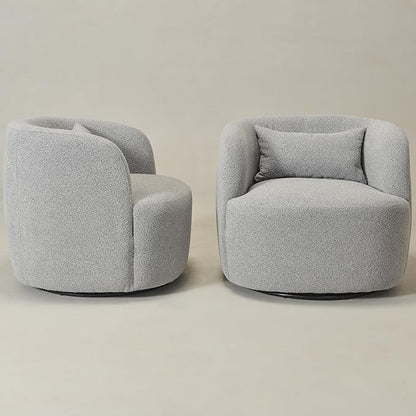 KINWELL 34" Wide Sherpa Swivel Barrel Chairs Set of 2, No Assembly Round Boucle Upholstered Accent Chairs Armchairs Single Sofa Chair with Toss Pillow for Living Room and Bedroom, Gray