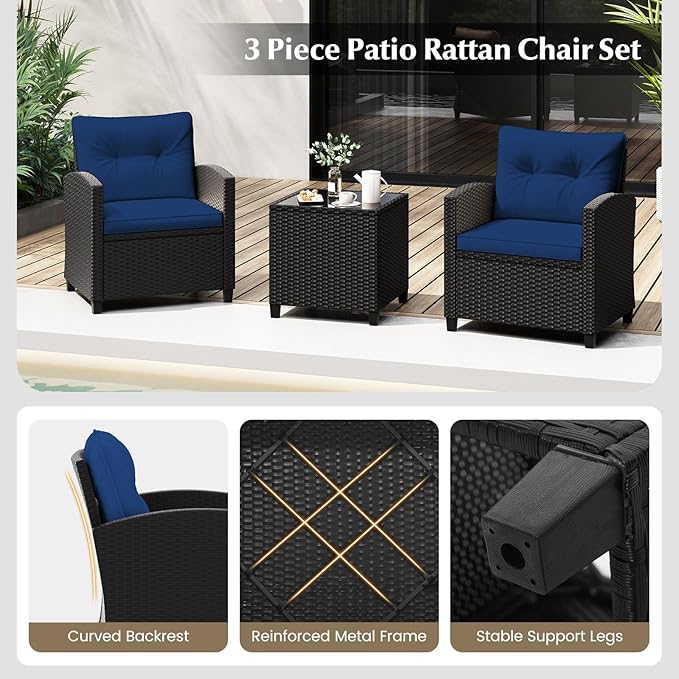 Tangkula 3 Piece Patio Furniture Set, Rattan Conversation Set w/Soft Seat & Back Cushions, Tempered Glass Topped Coffee Table, Cushioned Wicker Seating Set for Backyard, Porch, Poolside