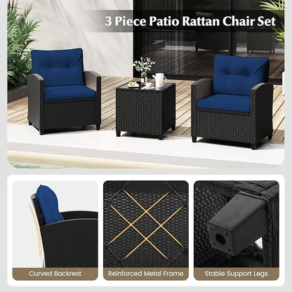 Tangkula 3 Piece Patio Furniture Set, Rattan Conversation Set w/Soft Seat & Back Cushions, Tempered Glass Topped Coffee Table, Cushioned Wicker Seating Set for Backyard, Porch, Poolside
