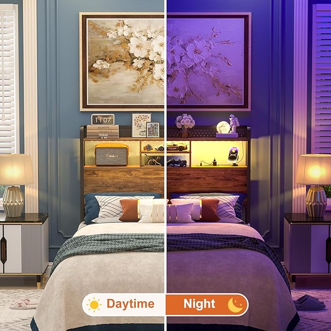 Unikito Headboard for Full Size Bed with Storage Shelf, Head Board with 3 Outlets and 2 USB Ports, Headboards with RGB LED Light, Height Adjustable, Sturdy and Stable, Easy Assembly, Rustic Brown