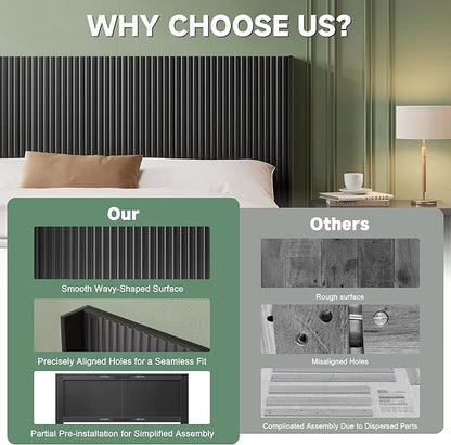 64.6" Wide Wooden Queen Headboard Only, Wingback Boho Headboards, Simple Setup, Modern Farmhouse Headboards with Vertical Grain Design, Wood Headboard Queen Size, Ink Black
