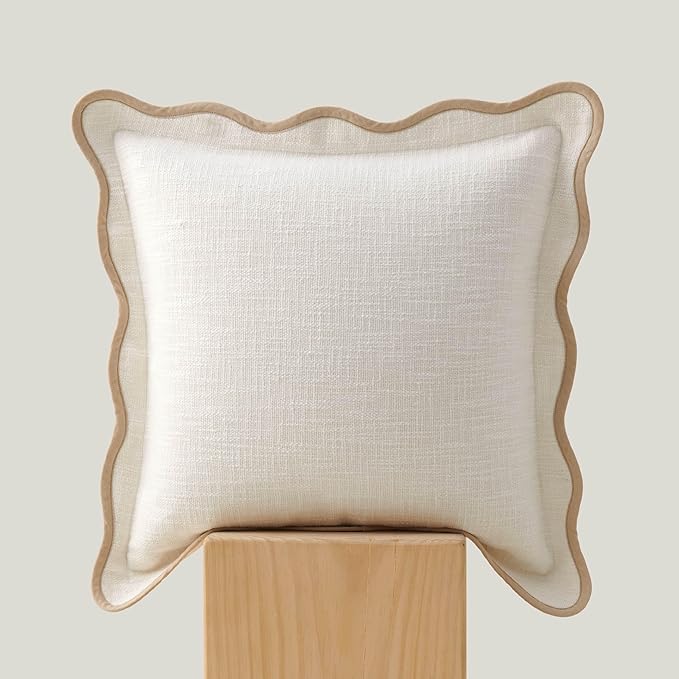 Double Stitch Scalloped Throw Pillow Covers - 100% Cotton Decorative Boho Pillow Covers 20 x 20, Made in India, Square Cushion Case, Modern Home Decor for Couch Sofa Living Room, Cream