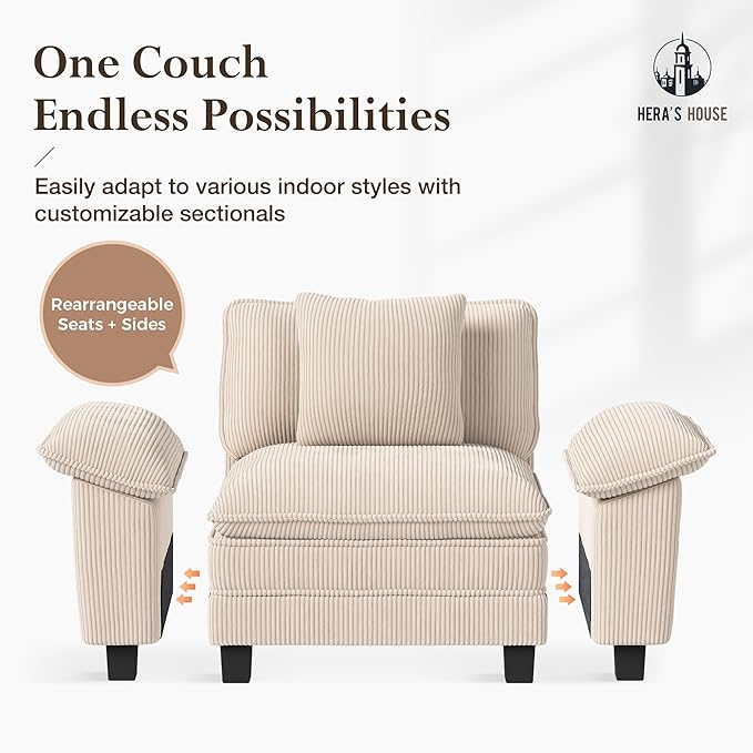HERA'S HOUSE 54" Modular Sectional Sofa Couches for Living Room, Comfy Cloud Couch 1-Seater Deep Seat Sofa with Throw Pillow, Corduroy Beige