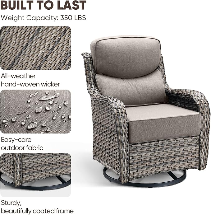 Swivel Patio Chairs Sofa Set of 5 with 6" Thick Cushion - Wicker Outdoor Swivel Rocker Patio Chair with Side Table, High Back Comfortable Outdoor Glider Chairs - Grey Wicker - Grey Cushions