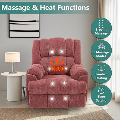 Power Lift Recliner Chair for Elderly, Oversized Chenille Electric Recliners Chairs for Living Room, Dual Motor 180° Lay Flat Recliner Big Sofa with Massage and Heating, Heavy-Duty, Red