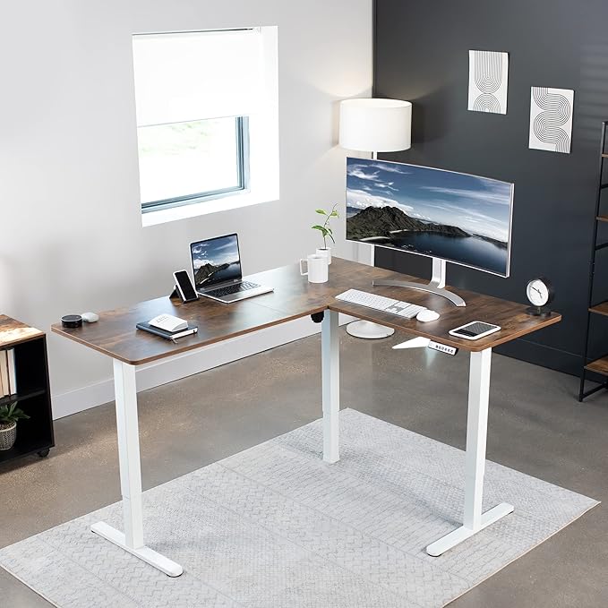 VIVO Corner Standing Desk, 63 x 55 inch Reversible L-Shaped Workstation, Electric Height Adjustment, Home, Office, and Reception Rooms, Rustic Vintage Brown Table Top White Frame, DESK-E3CTWN