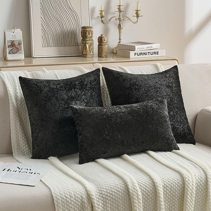 FUTEI Black Flannel Throw Pillow Covers 18x18 Inch Set of 2,Soft Dimensional Textured Cushion Cases,Modern Home Decor for Couch Living Room