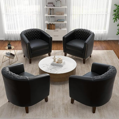 Pia Ricco Faux Leather Barrel Accent Chairs Set of 4, Modern Club Arm Chair Comfy Upholstered Single Sofa Chair with Solid Wood Legs and Nailhead Trim for Living Room/Reading Room, Black
