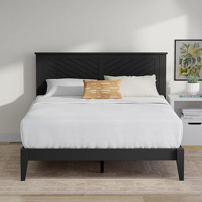 Serene Farmhouse Style Wood Bed in Full Size with Horizontal Scoring Headboard, Coastal Modern Design, Sturdy, Easy Assembly, Ample Underbed Storage, Black